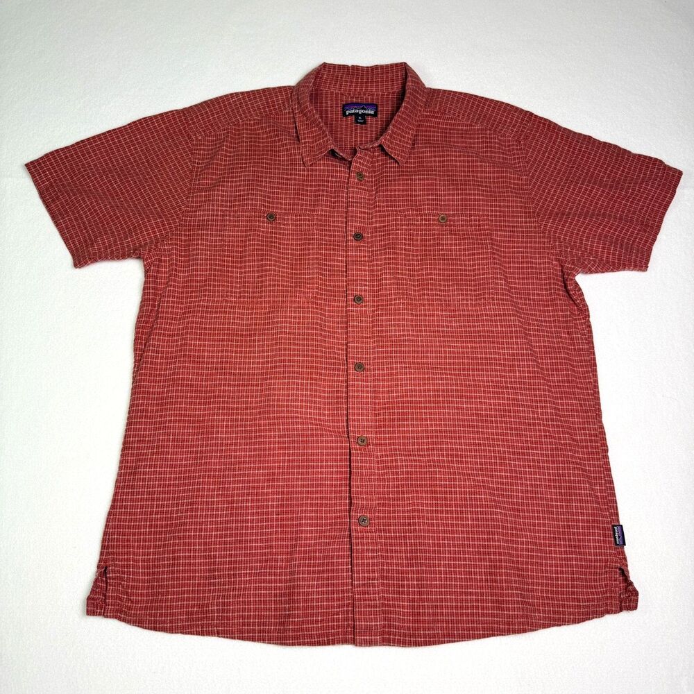 Patagonia Back Step Shirt Mens XL Red Plaid Organic Cotton Hemp Short Sleeve
